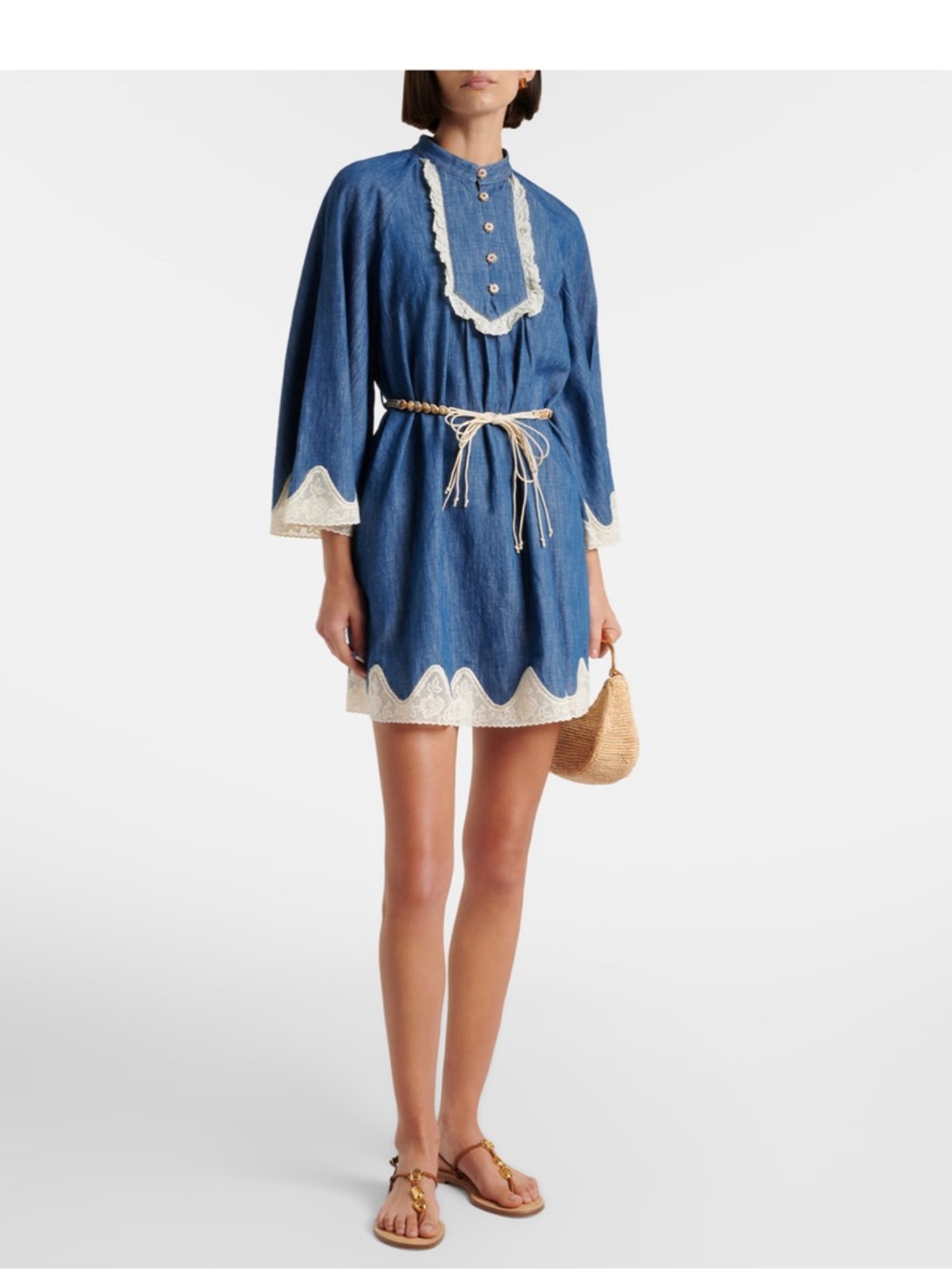 Zimmermann Awaken belted lace-trimmed denim mini dress